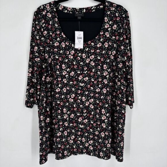 NWT J. Jill Women's Wherever Floral Crew Neck 3/4 Sleeve Blouse Black XL Petite - Picture 8 of 12